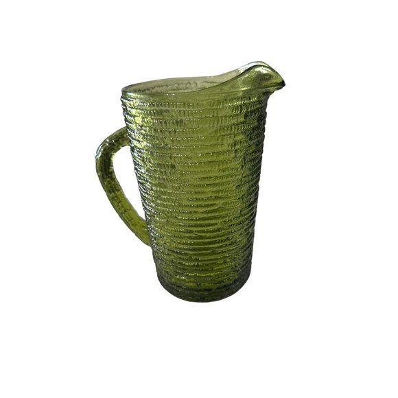 Vintage Anchor Hocking Soreno avocado green MCM bark pattern 26oz glass pitcher - Picture 2 of 6